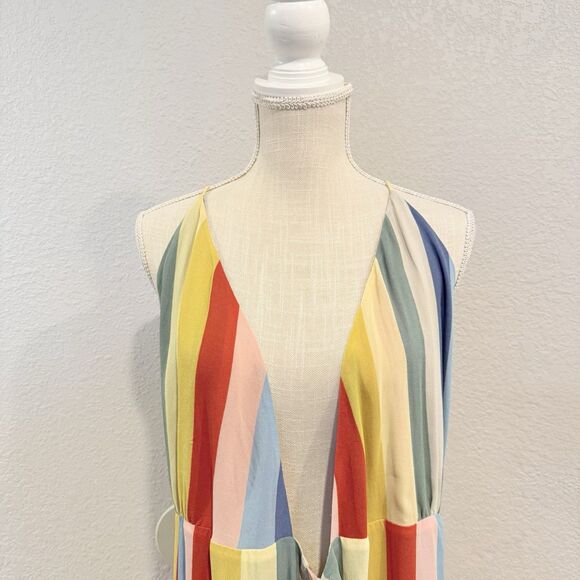 Reformation Sunburst Wrap Midi Dress Rainbow Stripe Spaghetti Strap Large Resort - Picture 4 of 9